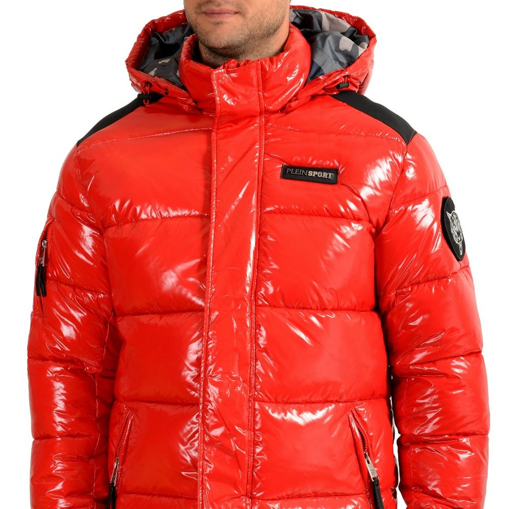 Plein Sport Men's Red Logo Print Zip Up Hooded Parka Jacket